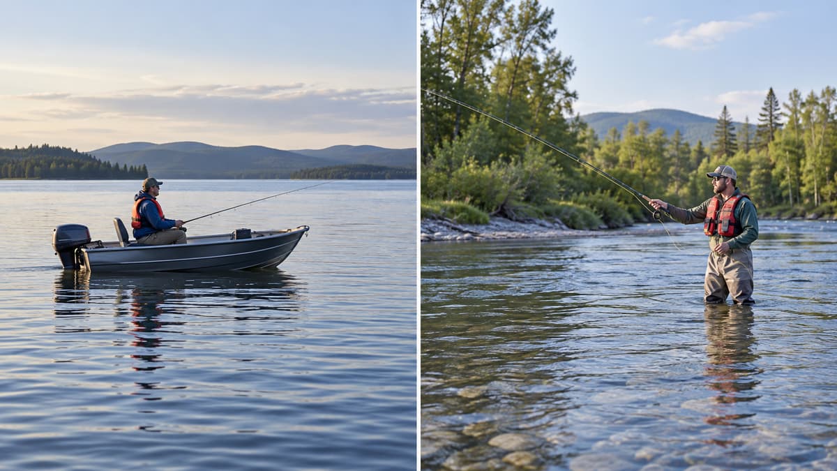 Comparaison entre un pêcheur à bord d'une barque motorisée sur un grand lac et un pêcheur en wading dans une rivière peu profonde, tous deux portant un gilet de sauvetage.