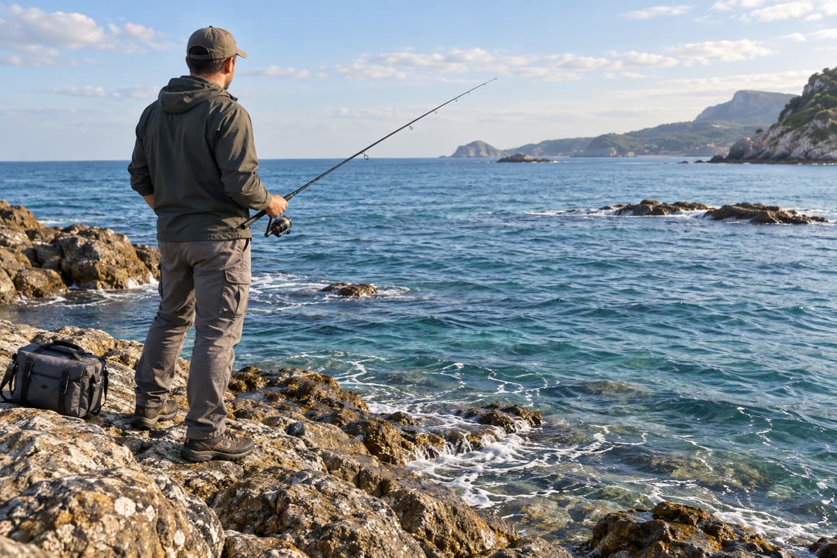 Un pêcheur vu de dos sur des rochers côtiers, chaussures fermées, observe les vagues en tenant une canne à pêche, avec un petit sac posé à côté.