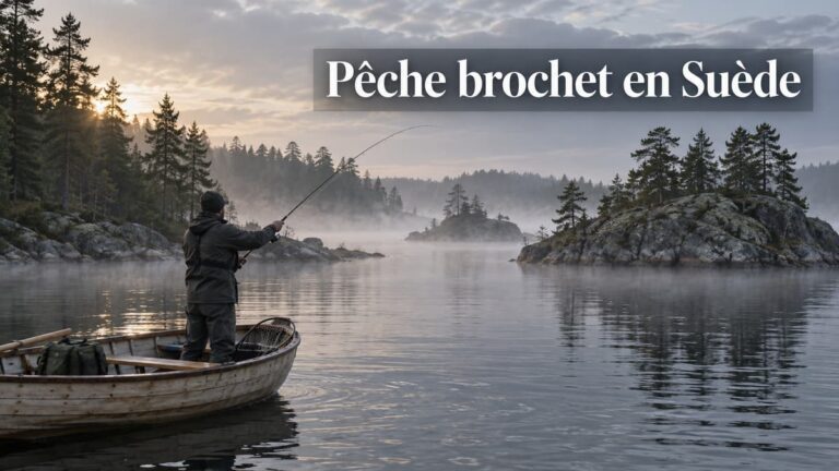 Pêcheur lançant depuis une barque légère sur un lac ou un archipel suédois bordé d'îlots rocheux et de forêts de conifères, sous une lumière nordique matinale, avec le texte 'Pêche brochet en Suède' en surimpression.