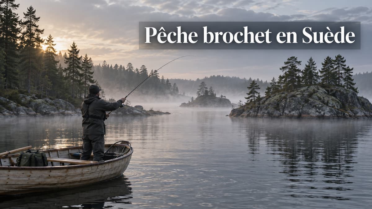 Pêcheur lançant depuis une barque légère sur un lac ou un archipel suédois bordé d'îlots rocheux et de forêts de conifères, sous une lumière nordique matinale, avec le texte 'Pêche brochet en Suède' en surimpression.