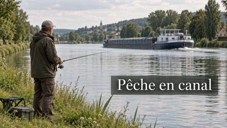 Un pêcheur au bord d’un canal navigable tient une canne à pêche tandis qu’une péniche passe au loin. Le texte « Pêche en canal » apparaît en surimpression.