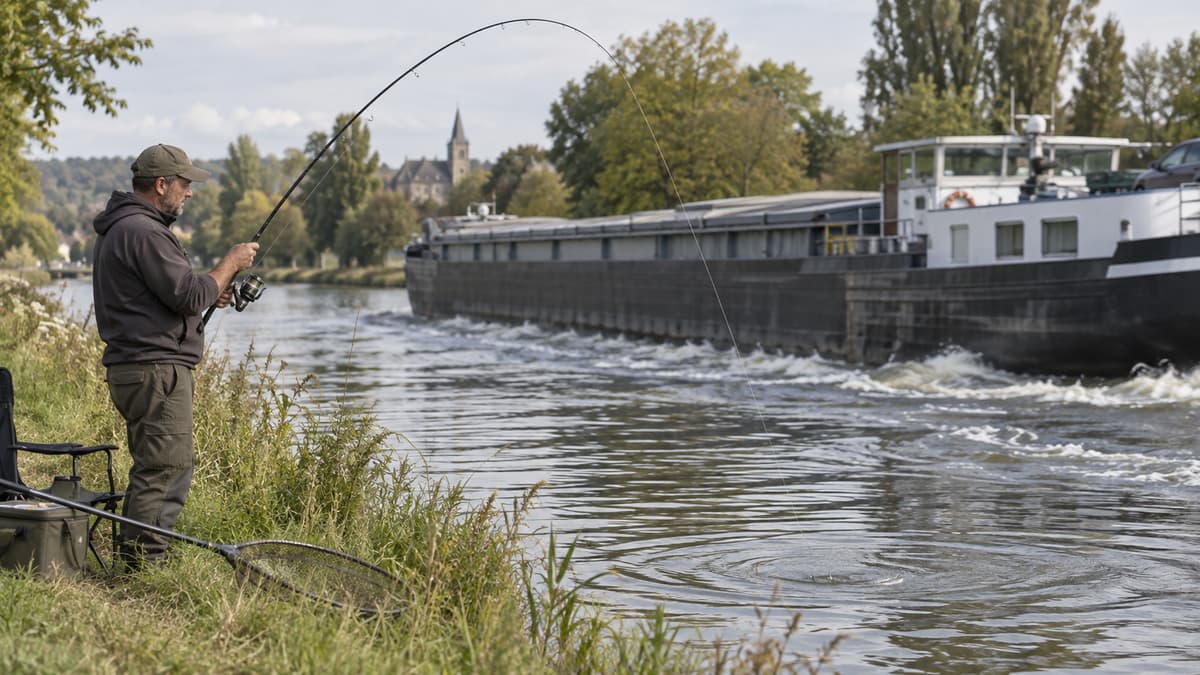 Un pêcheur au bord d’un canal relève sa canne à pêche, la ligne tendue vers l’eau, tandis qu’une péniche passe en créant des remous.
