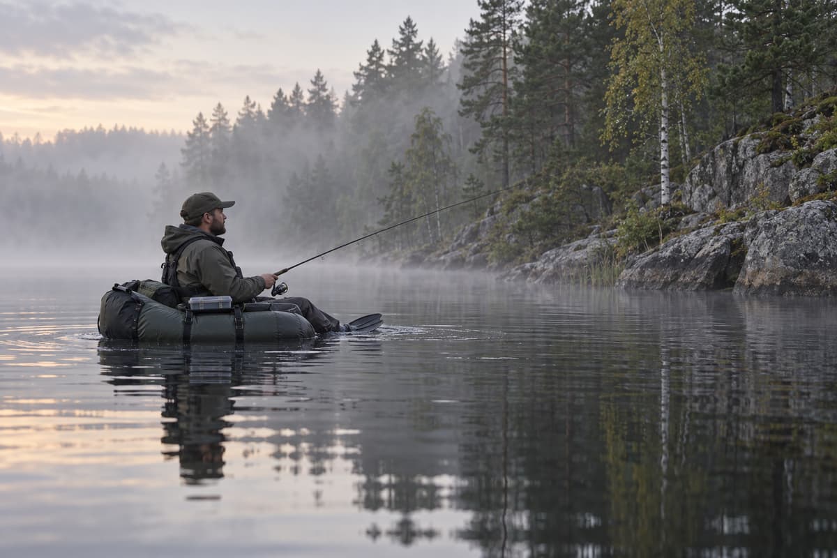 Pêcheur assis dans un float tube, avançant sur un lac bordé d'une rive rocheuse boisée, avec une brume matinale au-dessus de l'eau.