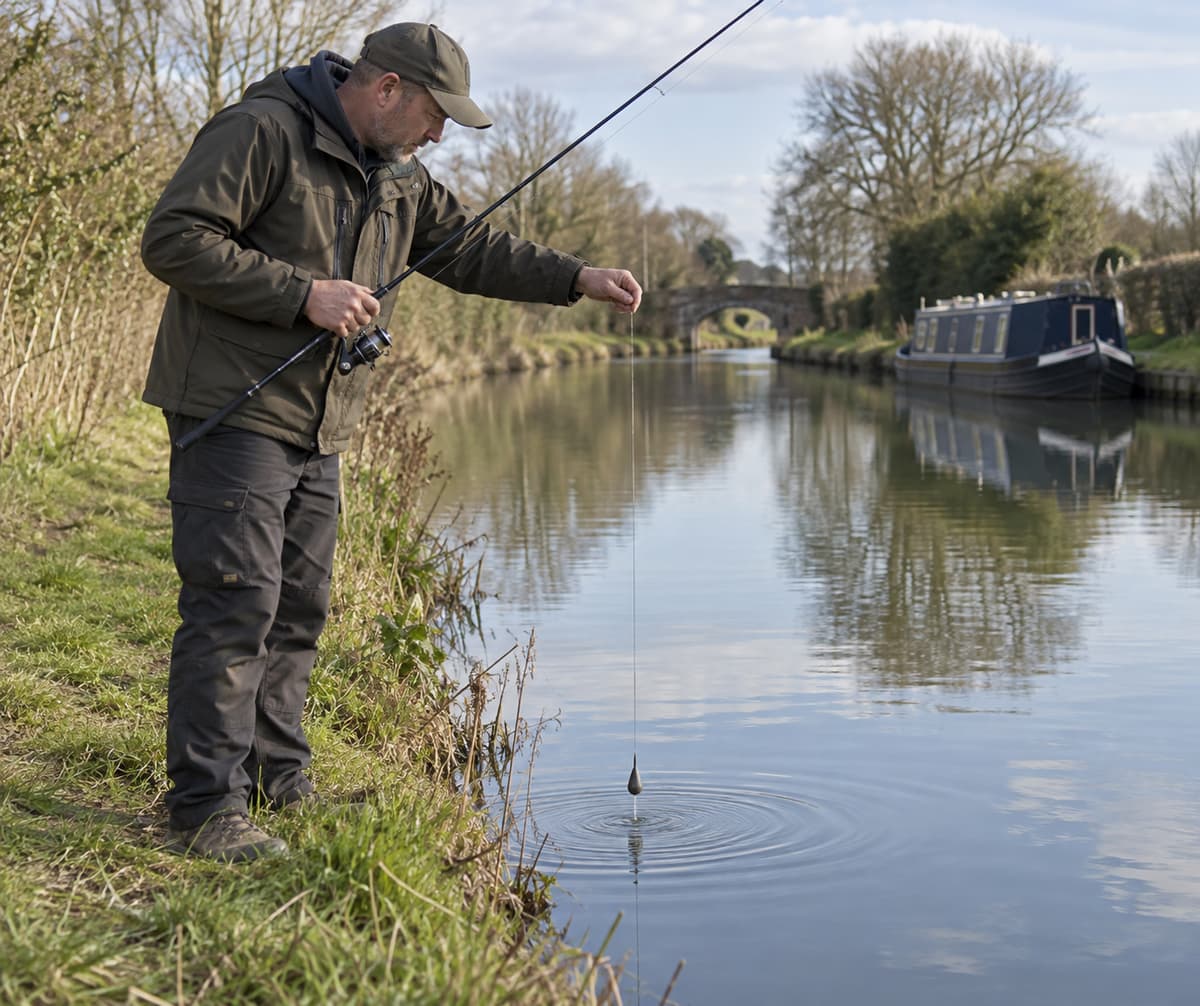 Pêcheur au bord d’un canal tenant une canne, une sonde plongeant dans l’eau à la surface calme, avec une berge herbeuse en arrière-plan.