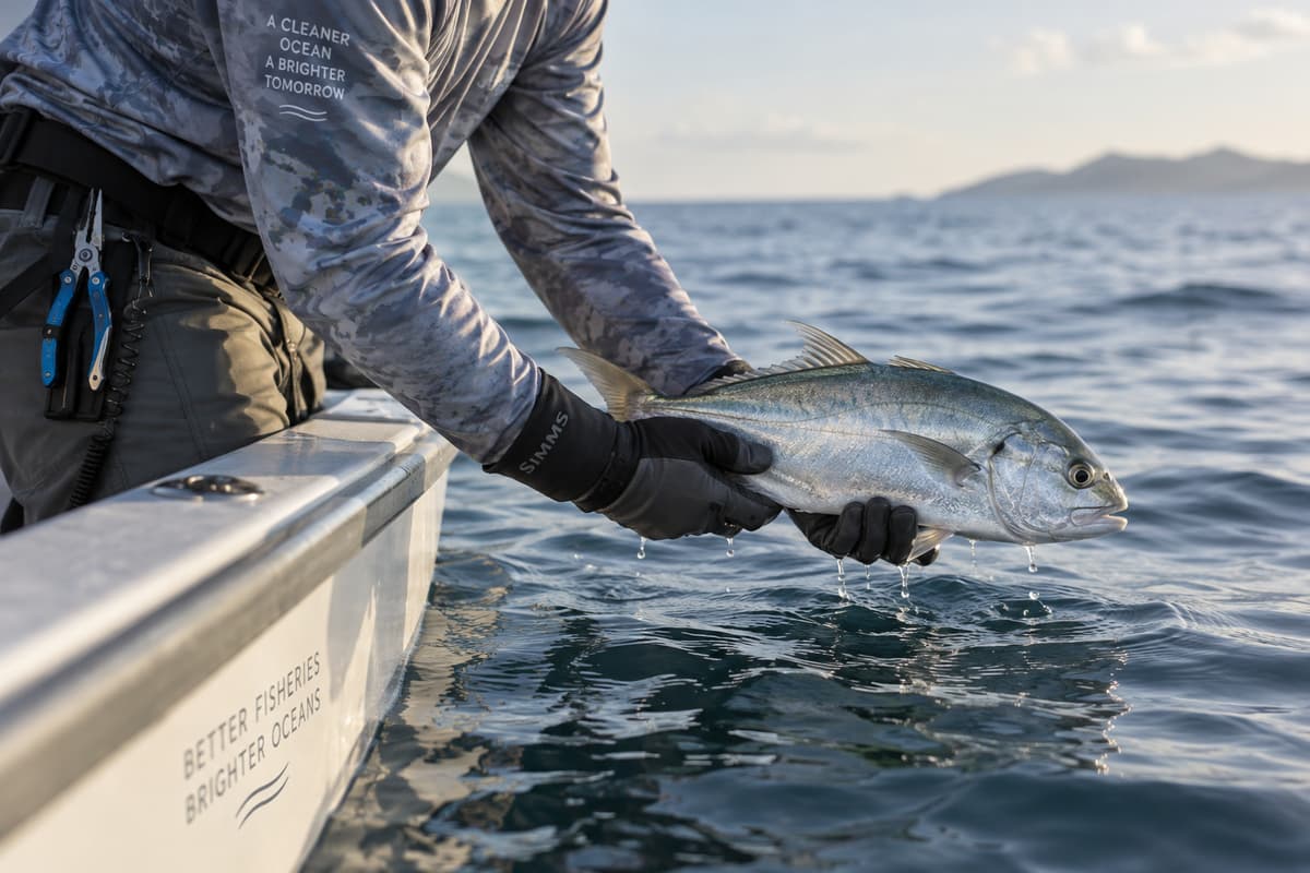 Deux mains gantées soutiennent un poisson argenté au-dessus de l'eau, le long du bord d'un bateau, avec une pince de pêche visible.