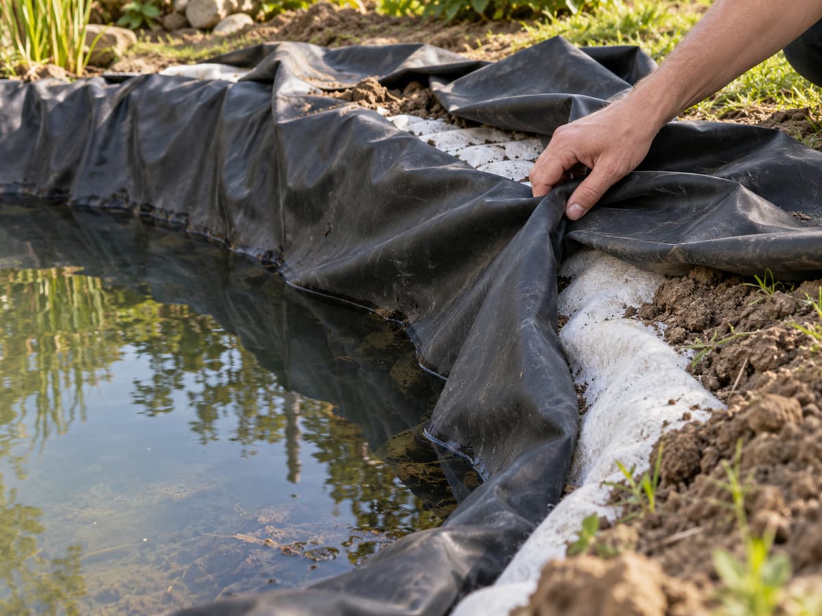 Main ajustant un pli de bâche souple au-dessus de l'eau partiellement remplie d'un bassin, avec feutre visible sous la membrane et excédent non découpé sur la berge.