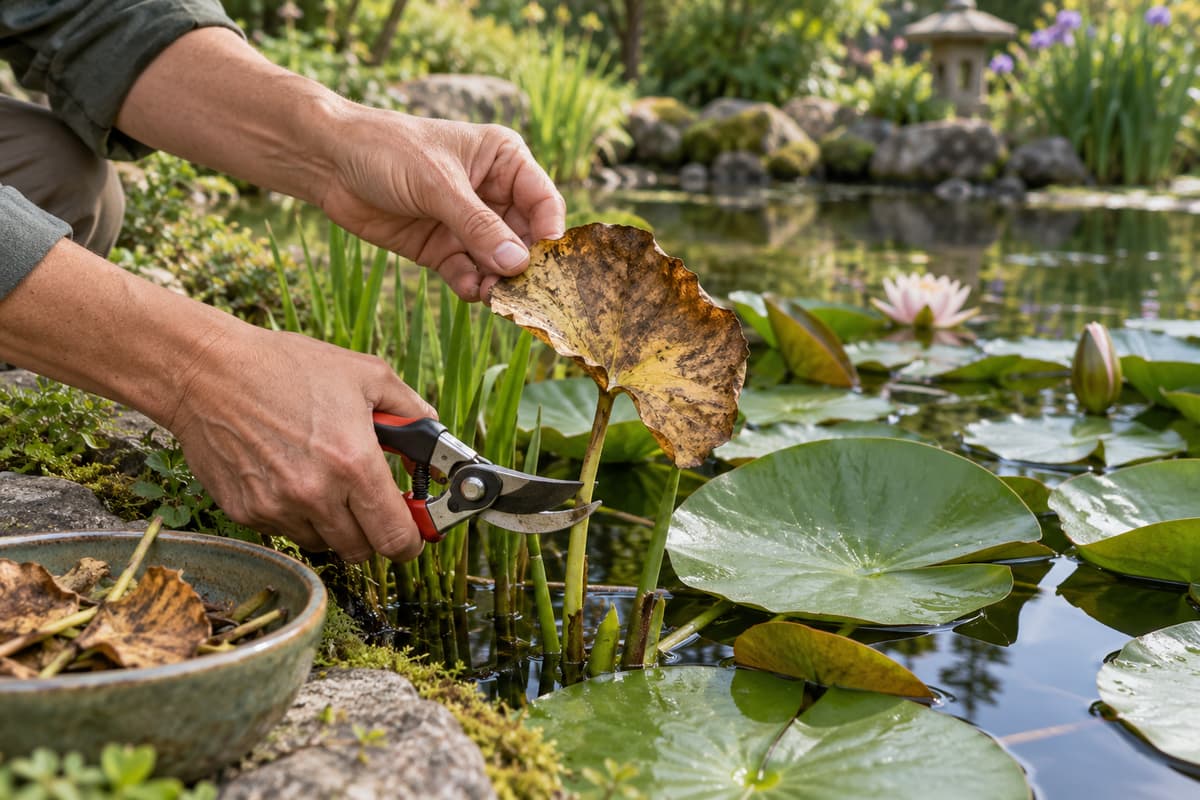 Main tenant une feuille brune fanée au-dessus d'un bassin pendant qu'un sécateur coupe sa tige, avec des feuilles vertes intactes et un récipient de fragments sur la berge.