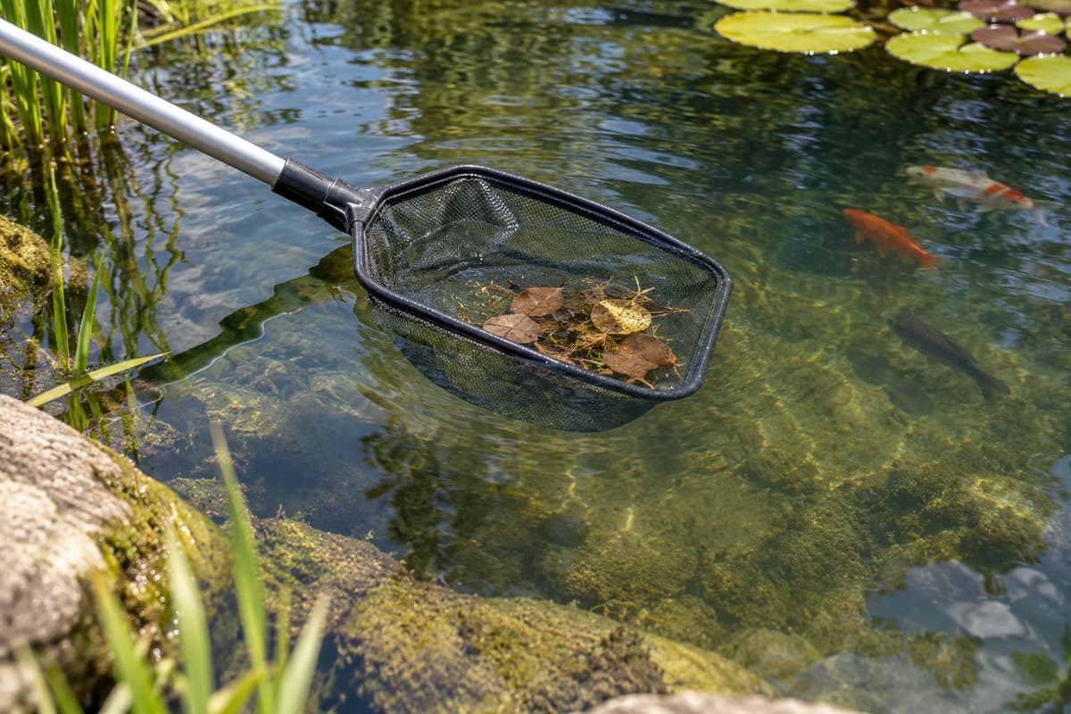 Épuisette à long manche glissée juste sous la surface d’un bassin pour recueillir des feuilles mortes, avec des poissons visibles à distance dans une eau faiblement agitée.
