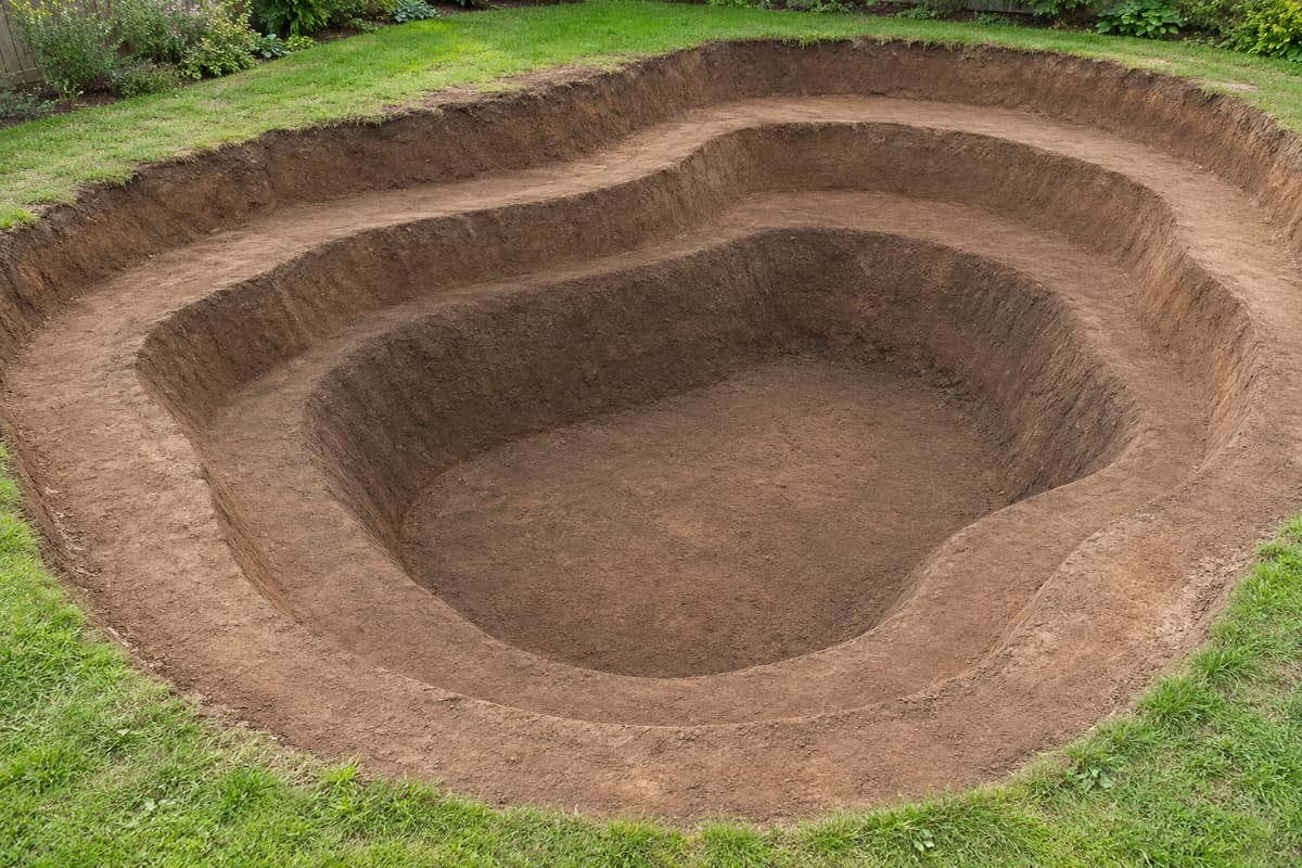 Vue oblique d'une excavation de bassin avant revêtement, avec des paliers larges, une zone centrale plus profonde, des parois en pente douce et un sol dégagé de tout débris.