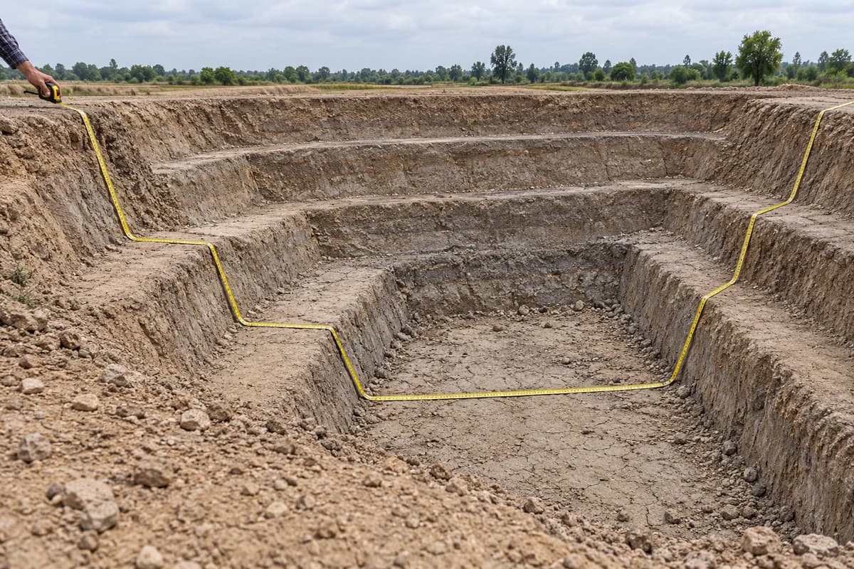 Un ruban de mesure souple suit le relief d’une fouille de bassin, passant sur les paliers et le fond, avec une extrémité prolongée au-delà de la berge tenue par une main.