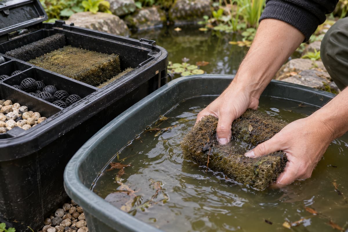 Des mains rincent doucement une mousse filtrante brune dans un récipient d’eau légèrement trouble, à côté d’un filtre ouvert dont les autres éléments restent en place.