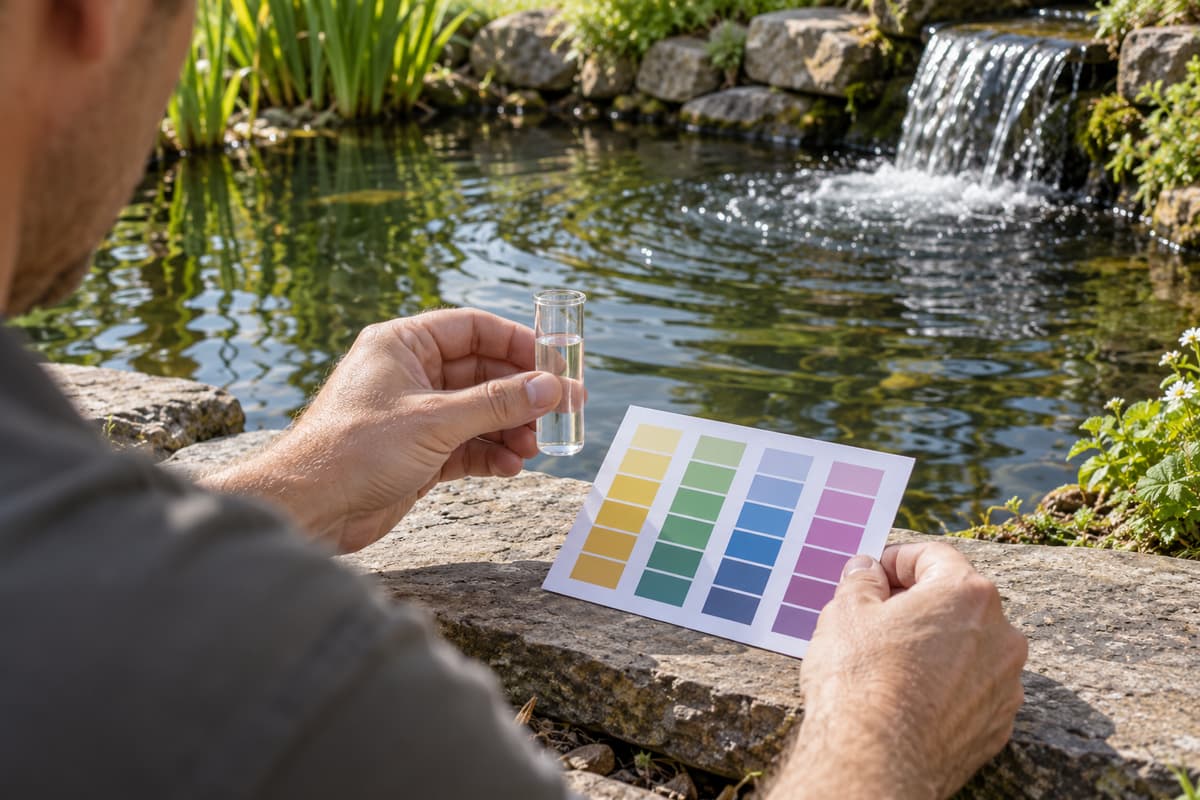 Deux mains comparent un tube d’eau à un nuancier de test au bord d’un bassin, avec un retour d’eau en fonctionnement à l’arrière-plan.